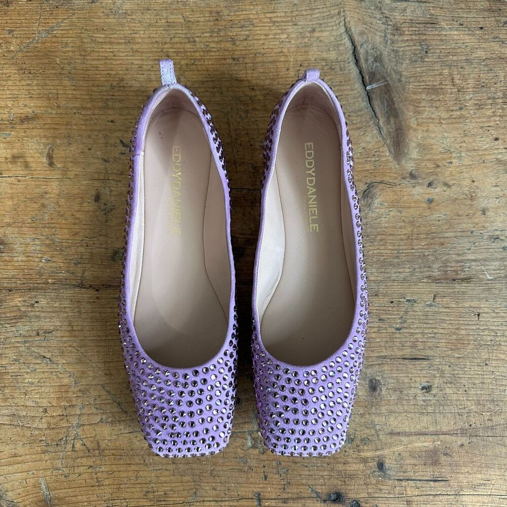 EddyDaniele Swarovski Crystal Lilac Suede Ballet Flat Shoes Square Italian Sz 40 - Picture 3 of 10